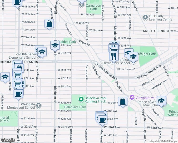 map of restaurants, bars, coffee shops, grocery stores, and more near 4212 Carnarvon Street in Vancouver