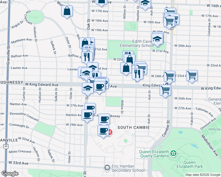 map of restaurants, bars, coffee shops, grocery stores, and more near 876 West King Edward Avenue in Vancouver