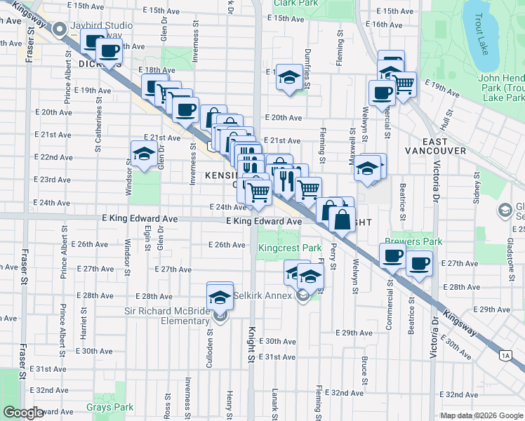map of restaurants, bars, coffee shops, grocery stores, and more near 4078 Knight Street in Vancouver