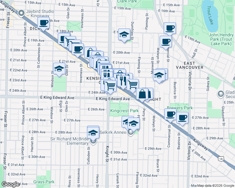 map of restaurants, bars, coffee shops, grocery stores, and more near 1468 Cedar Cottage Mews in Vancouver