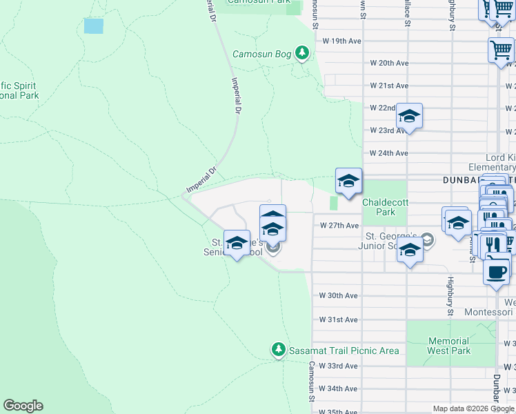 map of restaurants, bars, coffee shops, grocery stores, and more near 4178 Doncaster Way in Vancouver