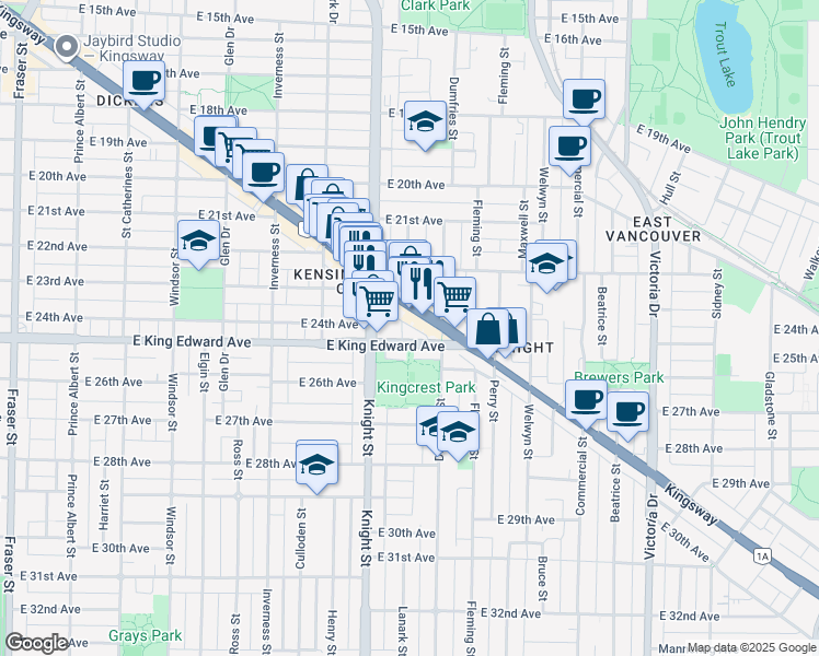 map of restaurants, bars, coffee shops, grocery stores, and more near in Vancouver