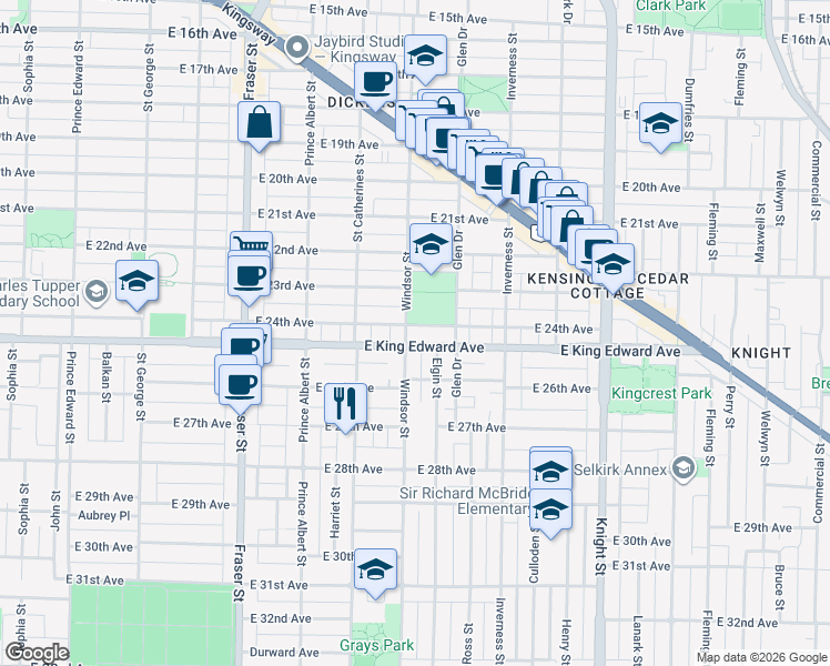 map of restaurants, bars, coffee shops, grocery stores, and more near 1010 East 24th Avenue in Vancouver