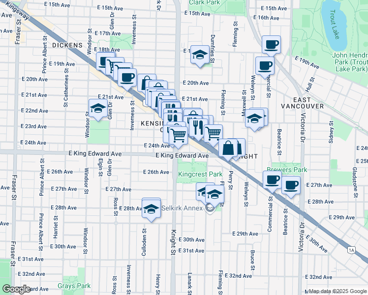 map of restaurants, bars, coffee shops, grocery stores, and more near in Vancouver