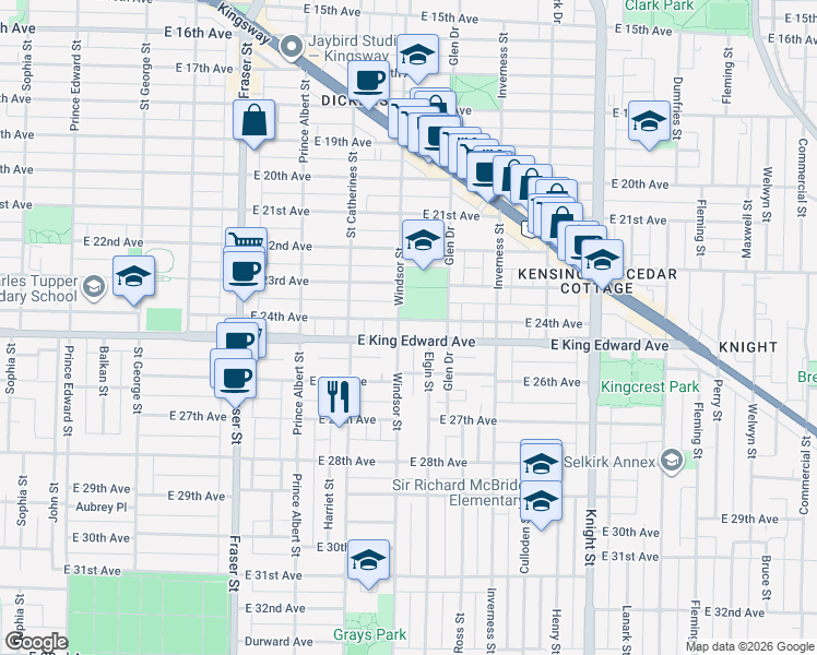 map of restaurants, bars, coffee shops, grocery stores, and more near in Vancouver