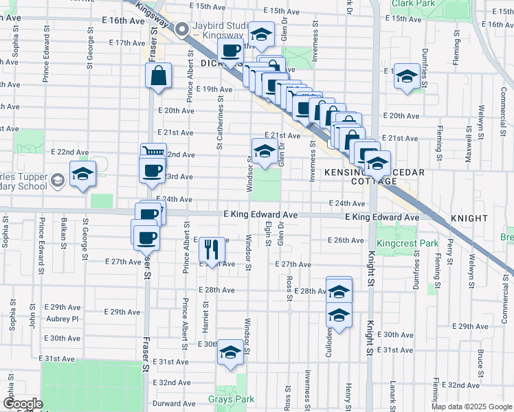 map of restaurants, bars, coffee shops, grocery stores, and more near 1018 East 24th Avenue in Vancouver