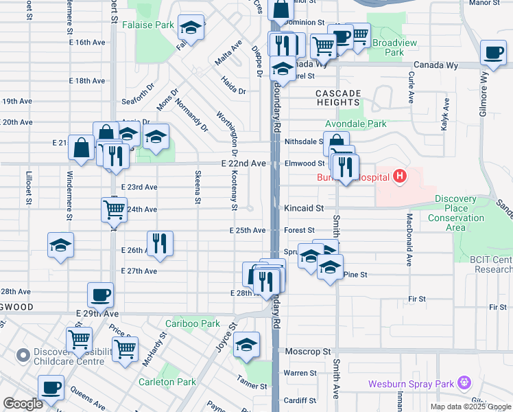 map of restaurants, bars, coffee shops, grocery stores, and more near 3988 Glendale Street in Vancouver