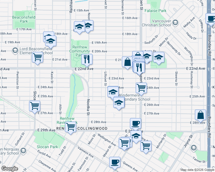 map of restaurants, bars, coffee shops, grocery stores, and more near 3996 Lillooet Street in Vancouver