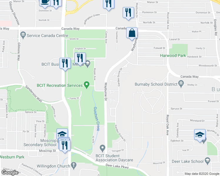 map of restaurants, bars, coffee shops, grocery stores, and more near 4725 Cedarglen Place in Burnaby