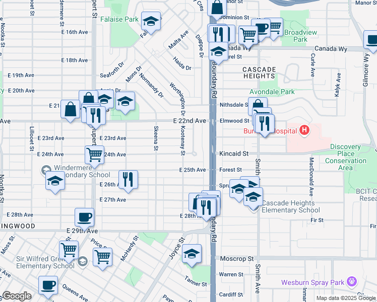 map of restaurants, bars, coffee shops, grocery stores, and more near 3625 East 24th Avenue in Vancouver