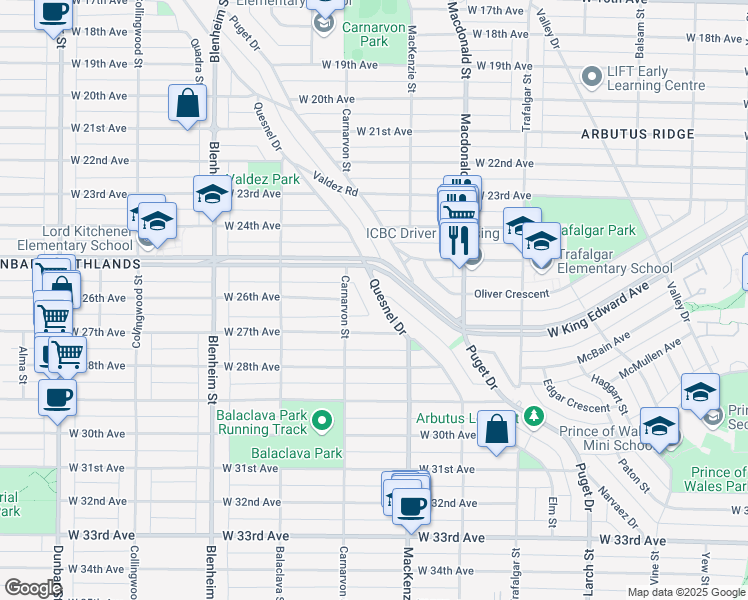 map of restaurants, bars, coffee shops, grocery stores, and more near 4207 Quesnel Drive in Vancouver