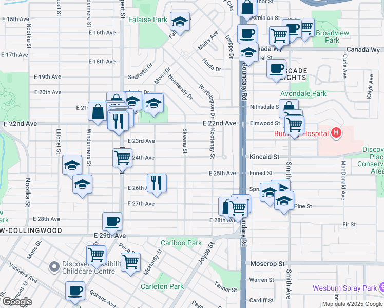 map of restaurants, bars, coffee shops, grocery stores, and more near 3519 East 24th Avenue in Vancouver