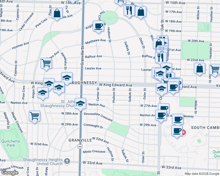 map of restaurants, bars, coffee shops, grocery stores, and more near 1322 West King Edward Avenue in Vancouver