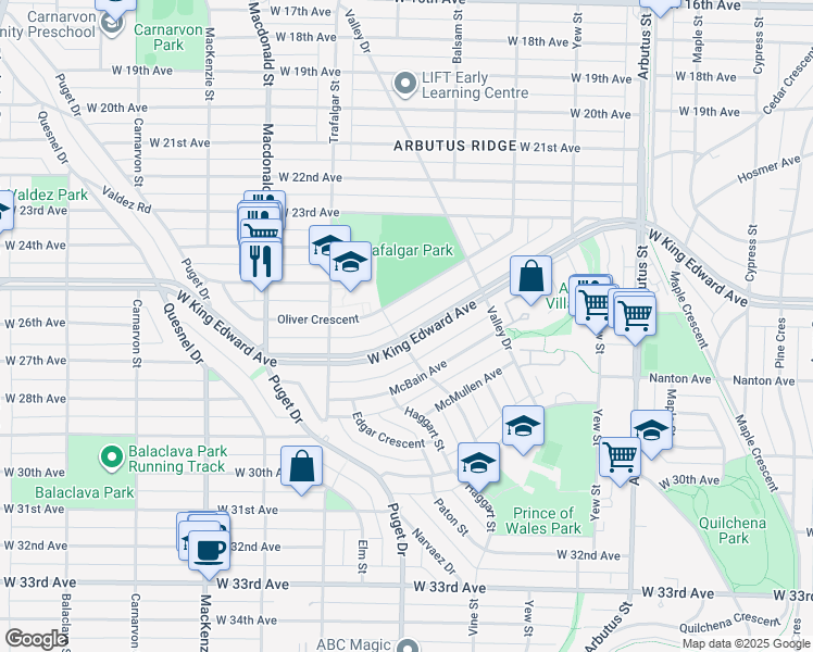 map of restaurants, bars, coffee shops, grocery stores, and more near 2559 West King Edward Avenue in Vancouver