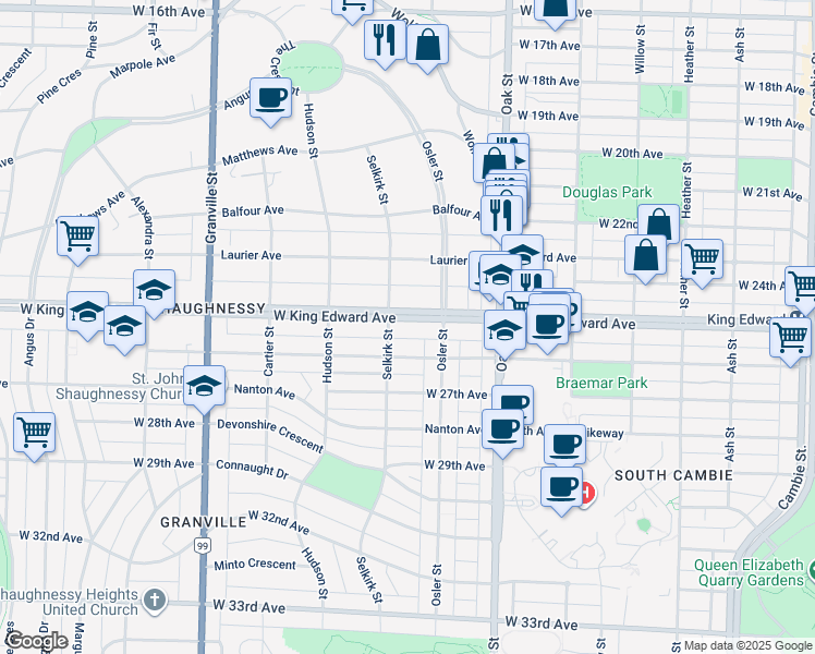 map of restaurants, bars, coffee shops, grocery stores, and more near 1160 West King Edward Avenue in Vancouver