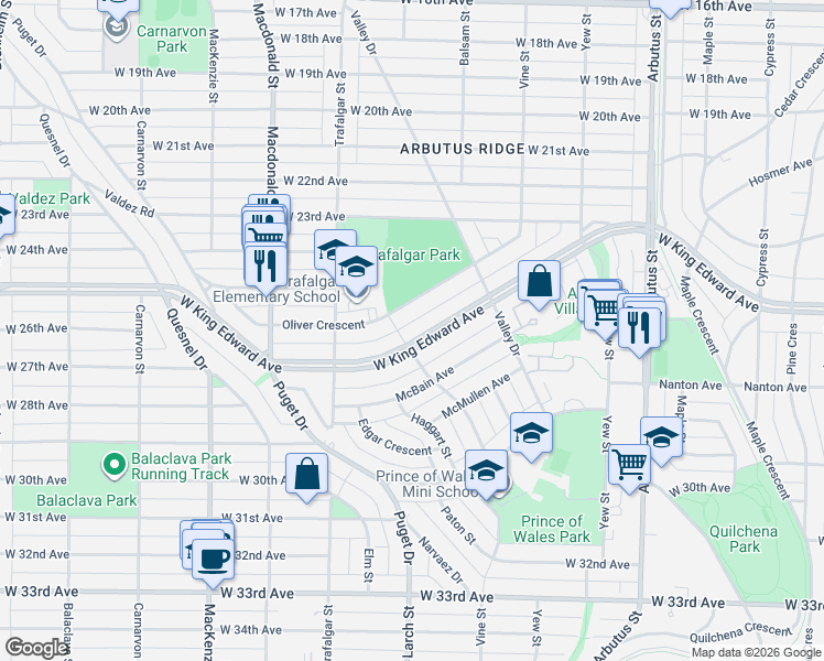 map of restaurants, bars, coffee shops, grocery stores, and more near 2557 West King Edward Avenue in Vancouver