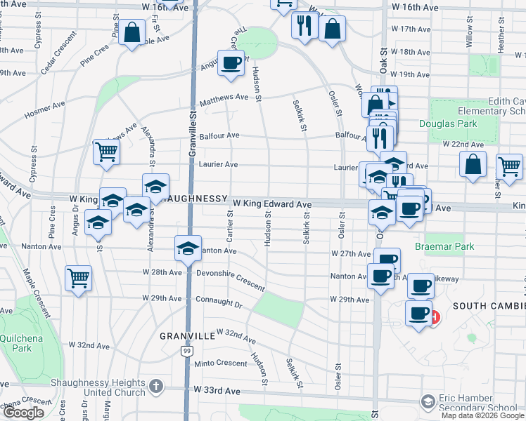 map of restaurants, bars, coffee shops, grocery stores, and more near 4107 Hudson Street in Vancouver