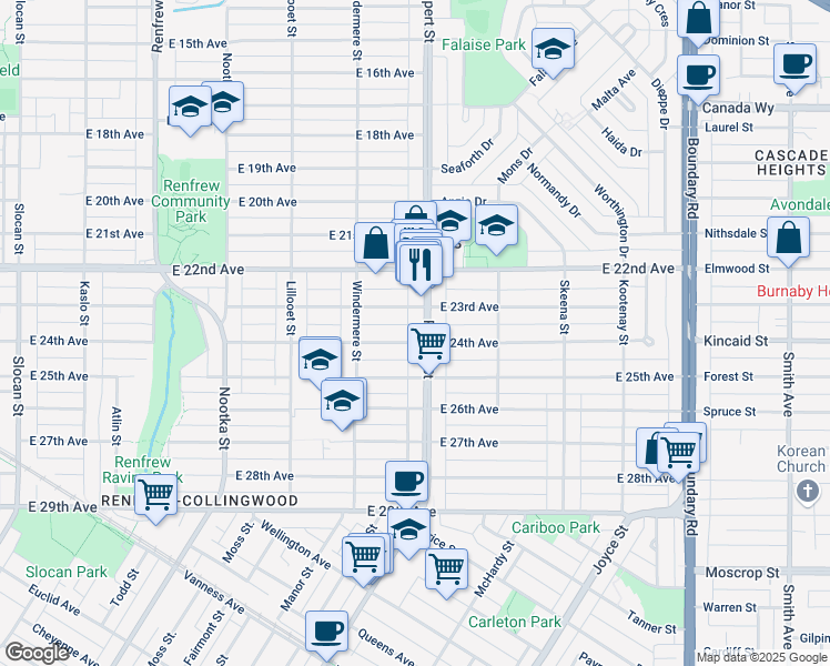 map of restaurants, bars, coffee shops, grocery stores, and more near 3987 Rupert Street in Vancouver