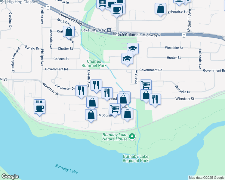 map of restaurants, bars, coffee shops, grocery stores, and more near 7775 Kentwood Street in Burnaby