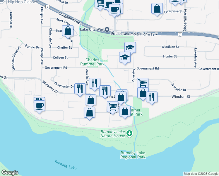 map of restaurants, bars, coffee shops, grocery stores, and more near 7775 Kentwood Street in Burnaby