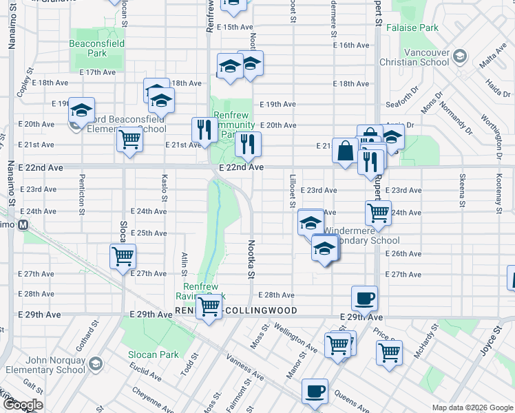 map of restaurants, bars, coffee shops, grocery stores, and more near 3984 Nootka Street in Vancouver