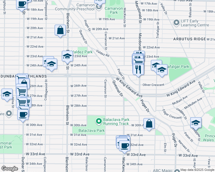 map of restaurants, bars, coffee shops, grocery stores, and more near 4188 Carnarvon Street in Vancouver