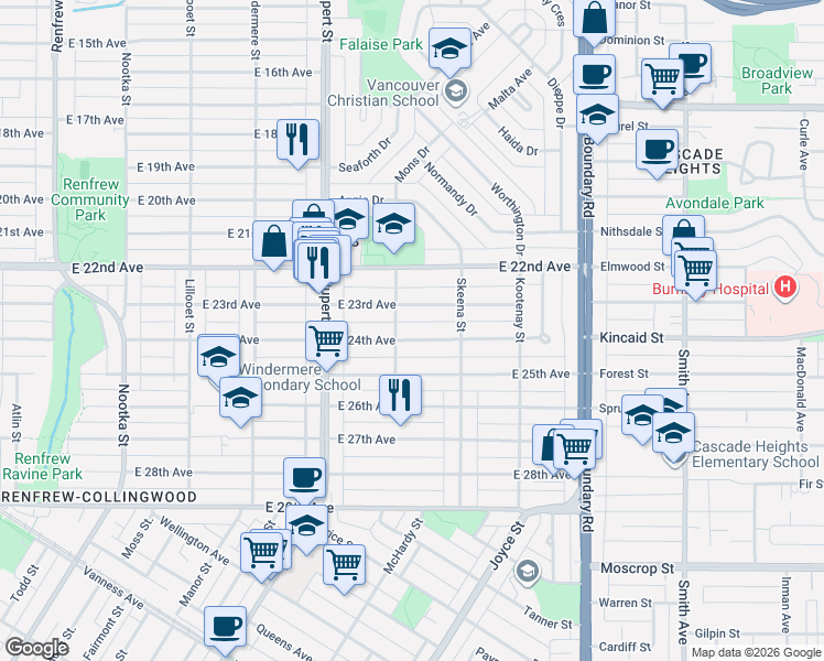 map of restaurants, bars, coffee shops, grocery stores, and more near in Vancouver