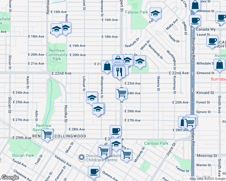 map of restaurants, bars, coffee shops, grocery stores, and more near 3279 East 24th Avenue in Vancouver