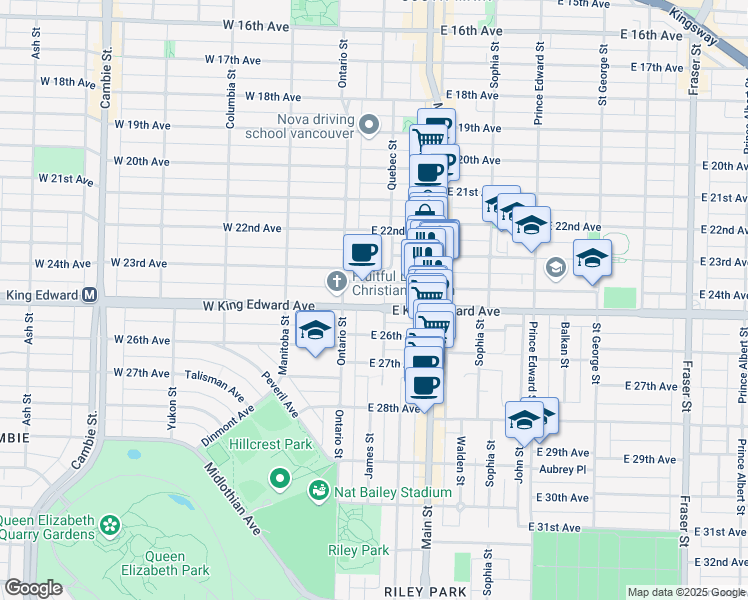 map of restaurants, bars, coffee shops, grocery stores, and more near 65 East King Edward Avenue in Vancouver