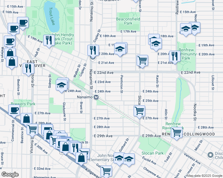 map of restaurants, bars, coffee shops, grocery stores, and more near 2539 East 24th Avenue in Vancouver