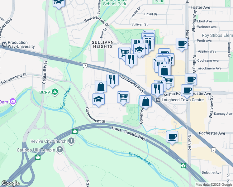map of restaurants, bars, coffee shops, grocery stores, and more near 3911 Carrigan Court in Burnaby