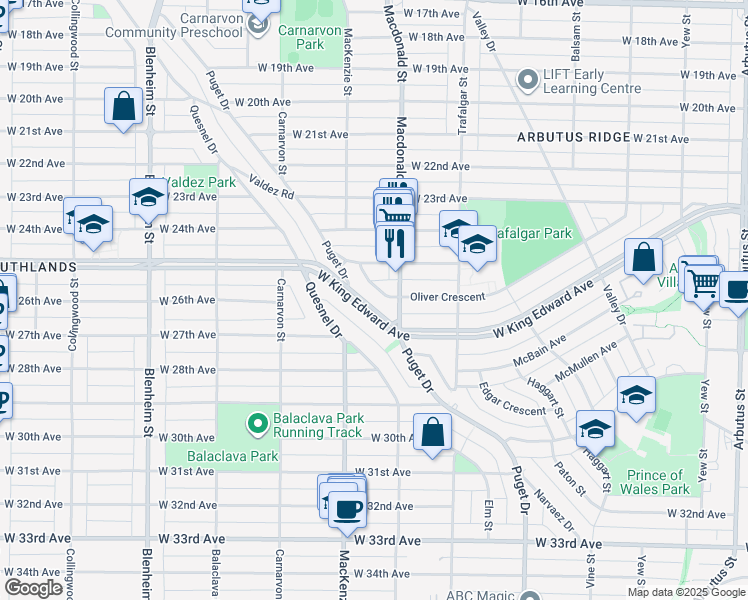 map of restaurants, bars, coffee shops, grocery stores, and more near 2863 West King Edward Avenue in Vancouver
