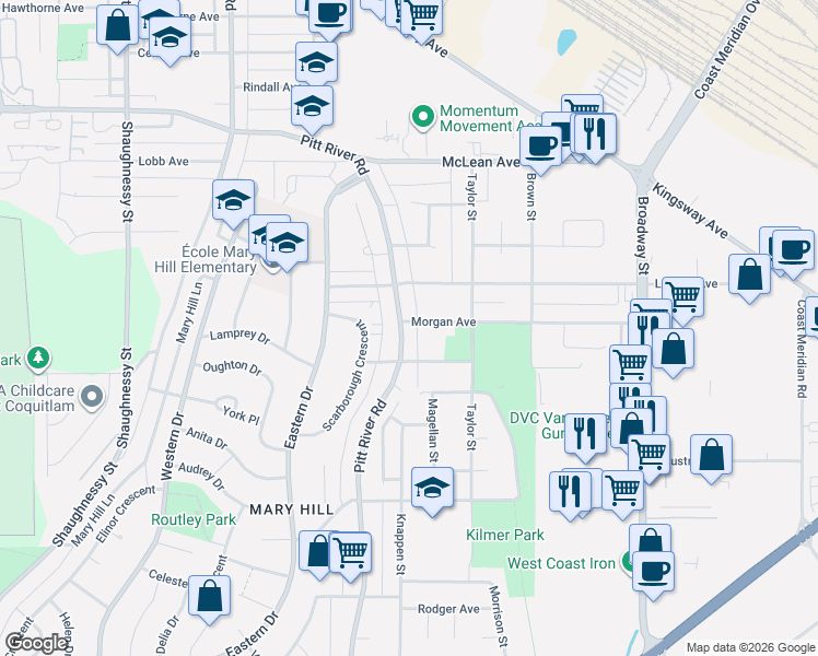 map of restaurants, bars, coffee shops, grocery stores, and more near 1781 Pitt River Road in Port Coquitlam