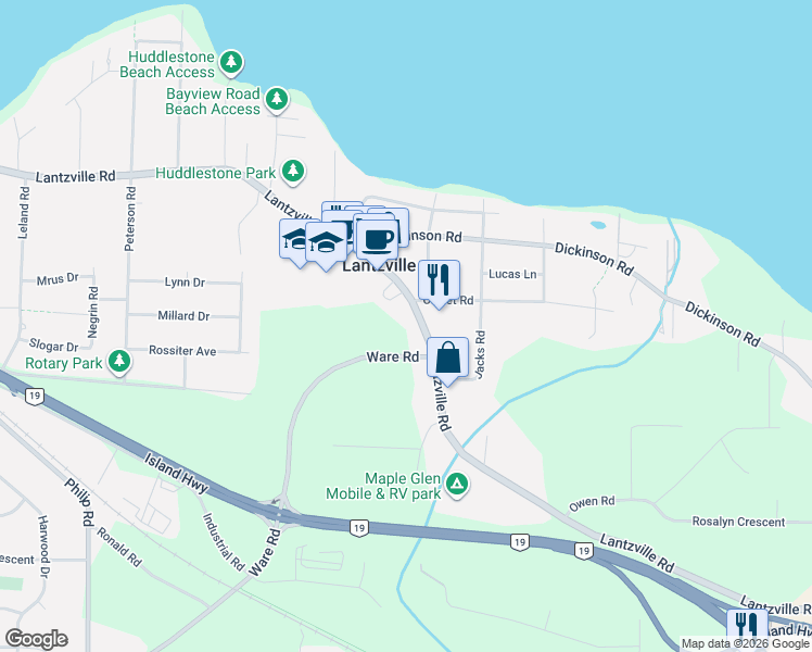 map of restaurants, bars, coffee shops, grocery stores, and more near 7181 Lantzville Road in Lantzville