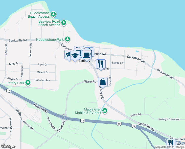 map of restaurants, bars, coffee shops, grocery stores, and more near 7181 Lantzville Road in Lantzville