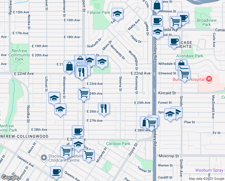 map of restaurants, bars, coffee shops, grocery stores, and more near 3445 East 24th Avenue in Vancouver