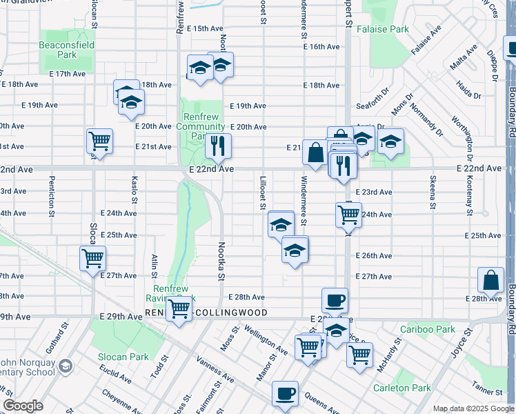 map of restaurants, bars, coffee shops, grocery stores, and more near 3979 Lillooet Street in Vancouver