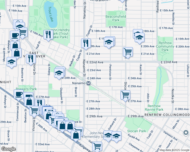 map of restaurants, bars, coffee shops, grocery stores, and more near 2485 East 24th Avenue in Vancouver