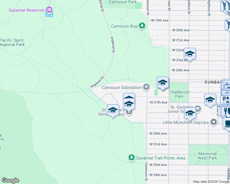 map of restaurants, bars, coffee shops, grocery stores, and more near Doncaster Way in Vancouver