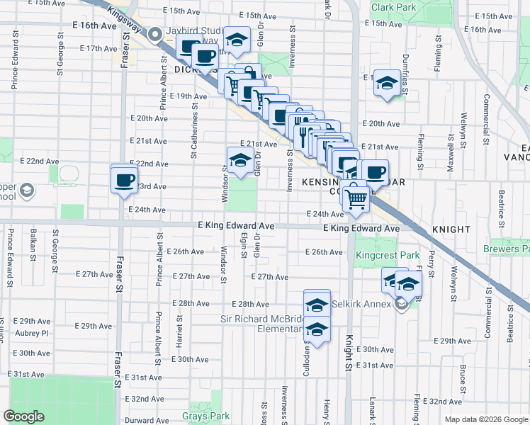 map of restaurants, bars, coffee shops, grocery stores, and more near East 24th Avenue in Vancouver