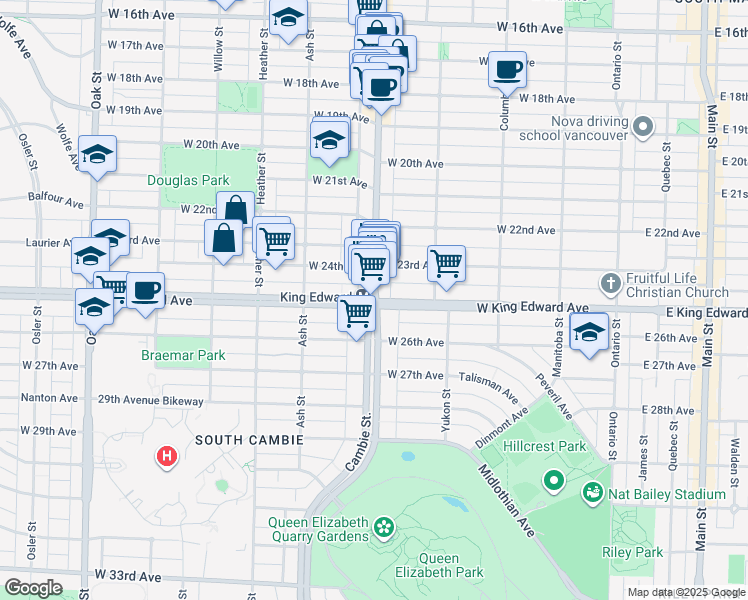 map of restaurants, bars, coffee shops, grocery stores, and more near 202 West King Edward Avenue in Vancouver