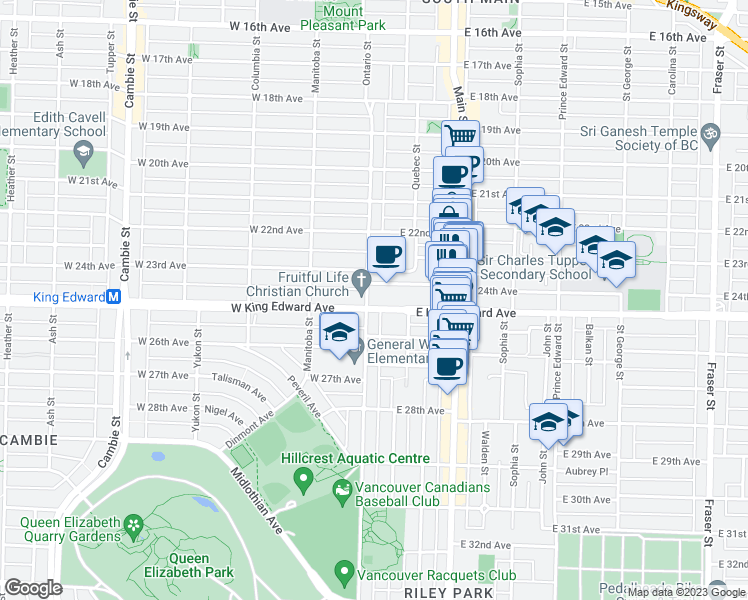 map of restaurants, bars, coffee shops, grocery stores, and more near 4072 Ontario Street in Vancouver