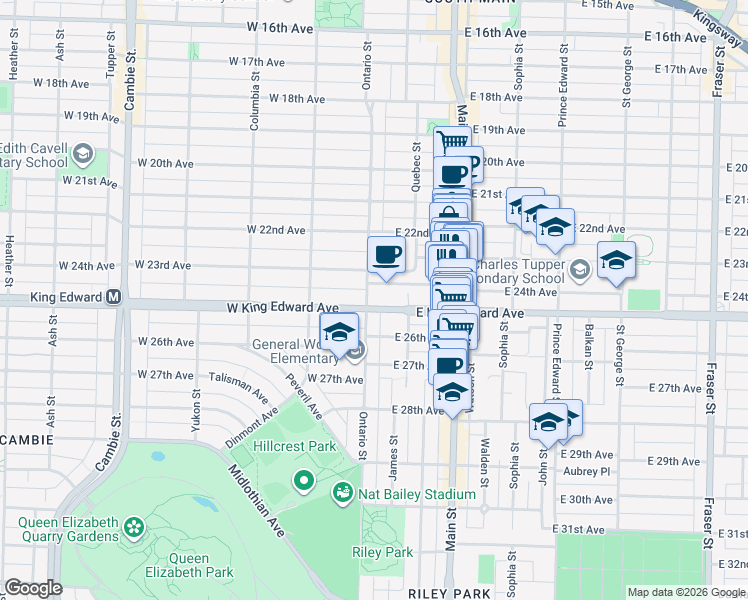 map of restaurants, bars, coffee shops, grocery stores, and more near 4072 Ontario Street in Vancouver
