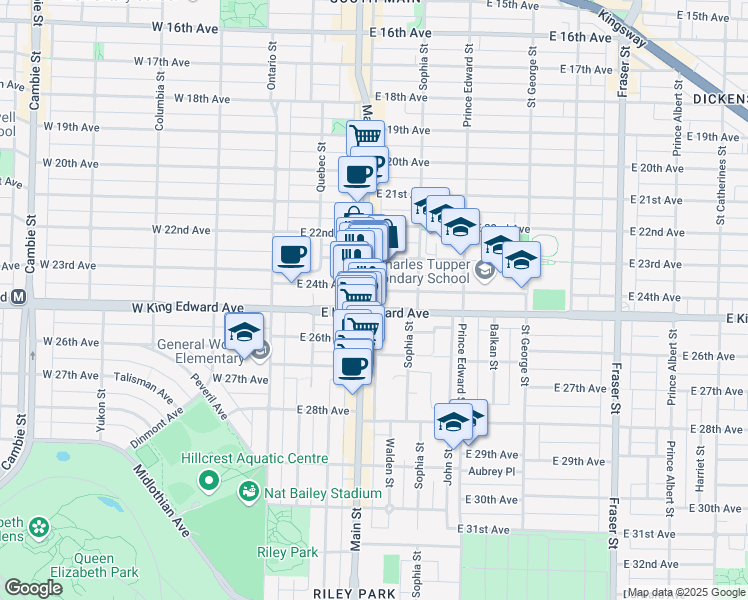map of restaurants, bars, coffee shops, grocery stores, and more near in Vancouver