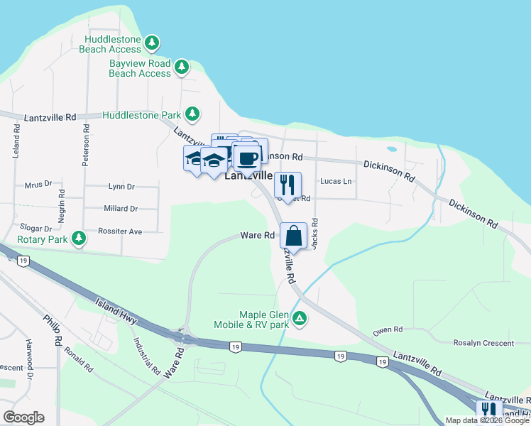 map of restaurants, bars, coffee shops, grocery stores, and more near 7181 Lantzville Road in Lantzville