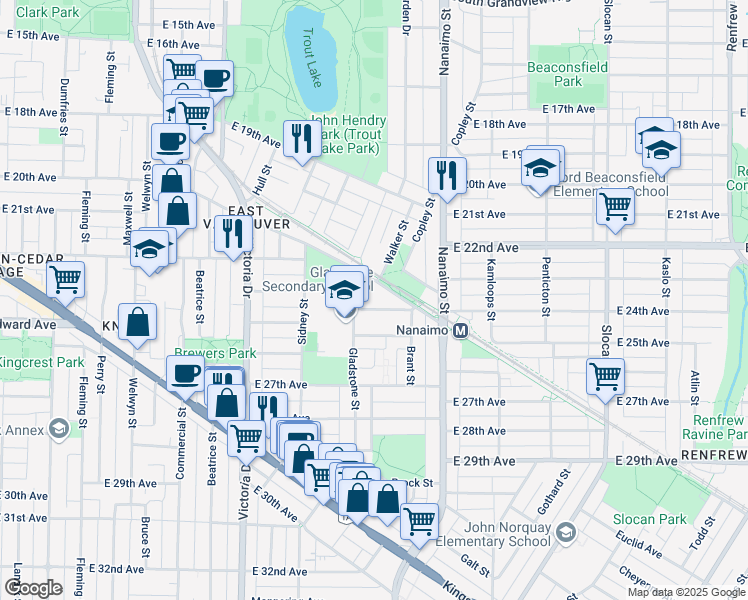 map of restaurants, bars, coffee shops, grocery stores, and more near 2231 East 24th Avenue in Vancouver