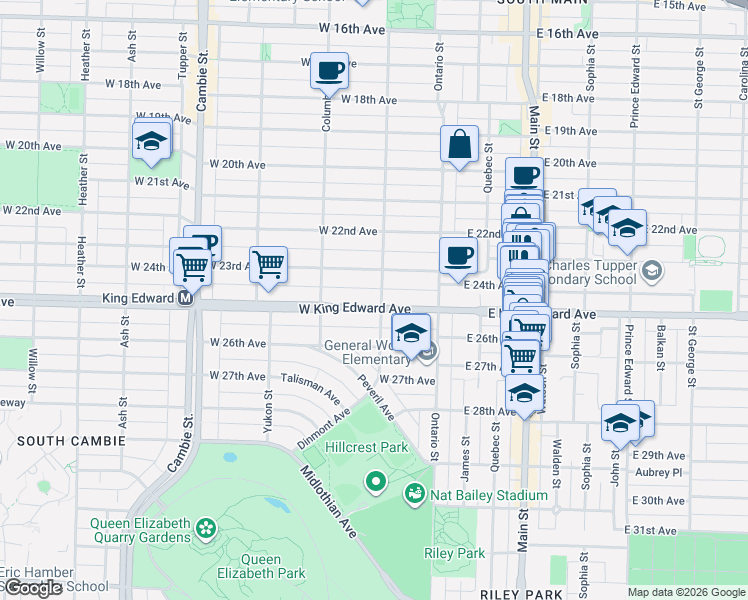 map of restaurants, bars, coffee shops, grocery stores, and more near 109 West King Edward Avenue in Vancouver