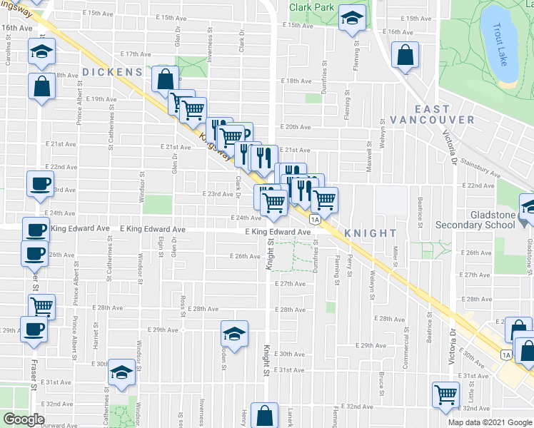 map of restaurants, bars, coffee shops, grocery stores, and more near 3947 Knight Street in Vancouver