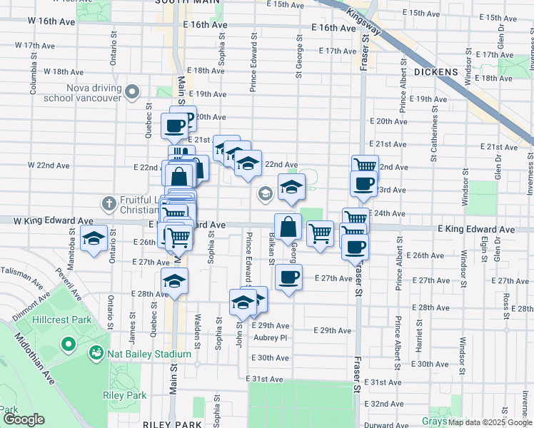map of restaurants, bars, coffee shops, grocery stores, and more near 442 East 24th Avenue in Vancouver