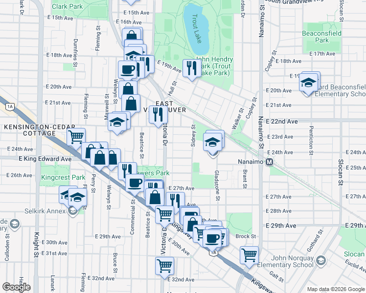 map of restaurants, bars, coffee shops, grocery stores, and more near 2066 East 23rd Avenue in Vancouver